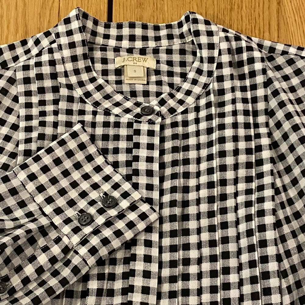 J. Crew Gingham Black And White Sheer Button Up Pleated‎ Chest Small